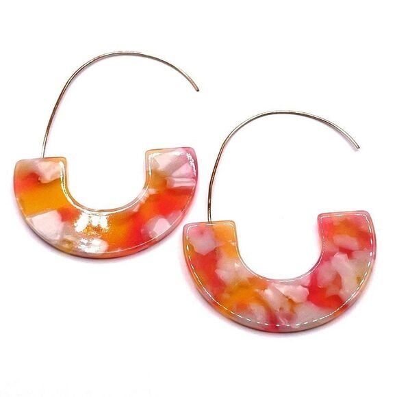 Peach with Orange C Shaped Tortoise Shell Acrylic Yellow Gold Hoop Earrings - Picture 1 of 6
